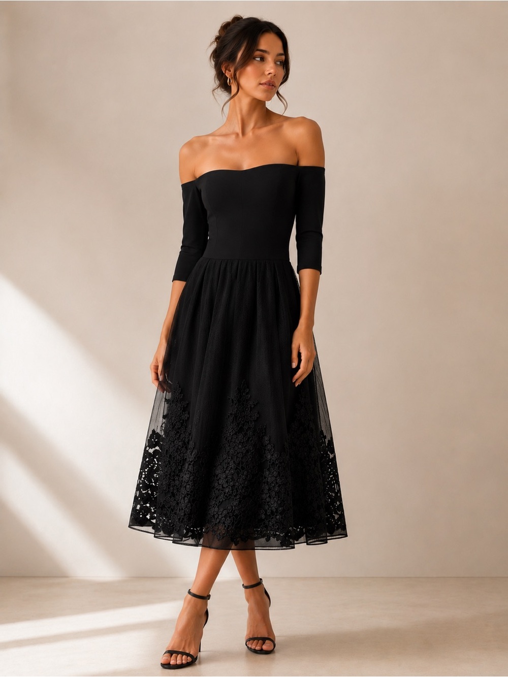 Just Me Black Off Shoulder Lace Tulle Midi Dress Size M
